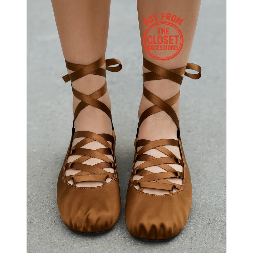 Zara NWT Ochre Brown Lace Up Satin Ballet Flats 7.5 - Picture 5 of 16